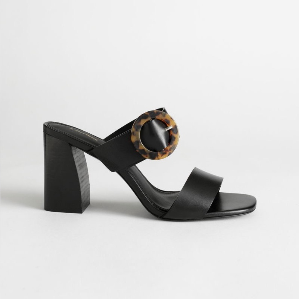 & other stories black leather block heel sandals with tortoise buckle